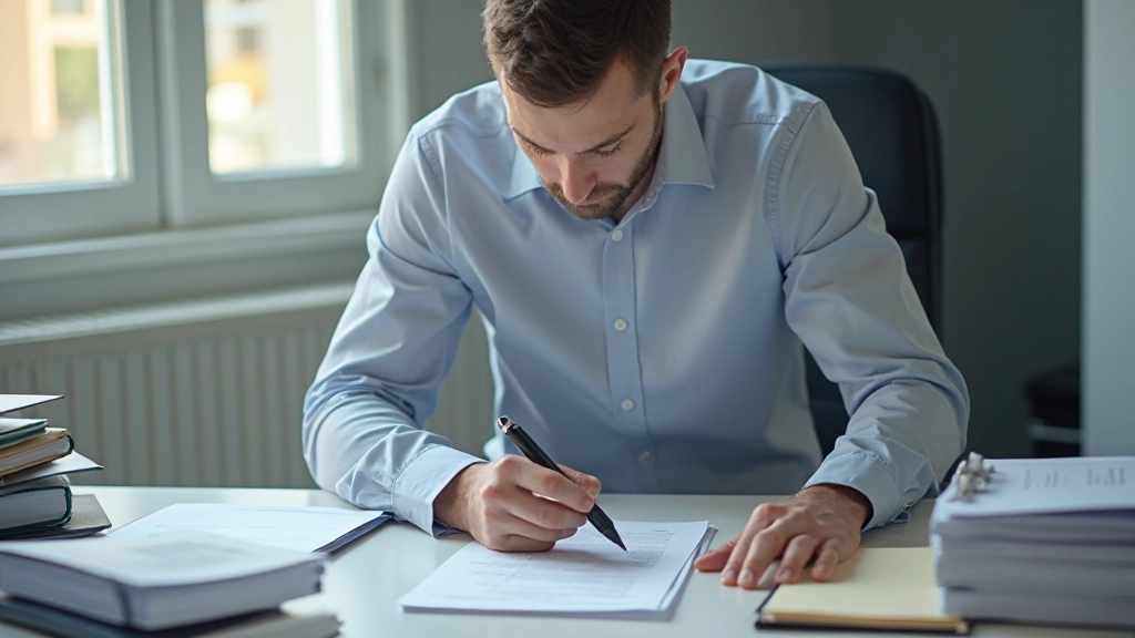 Gestor inmobiliario revisando documentación de arrendamiento comercial en escritorio moderno con múltiples archivos