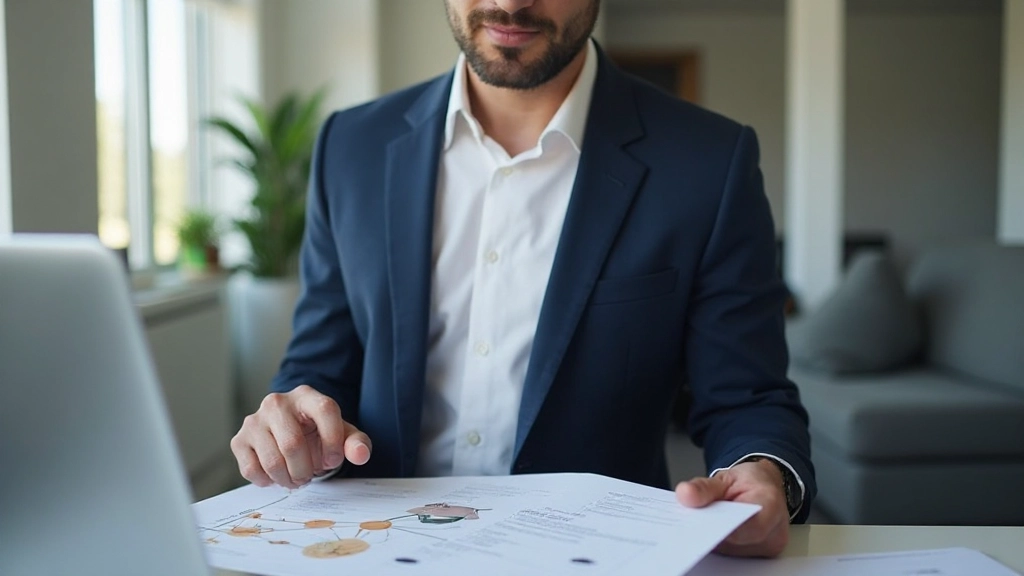 Profesional inmobiliario analizando documentos de valuación en escritorio moderno