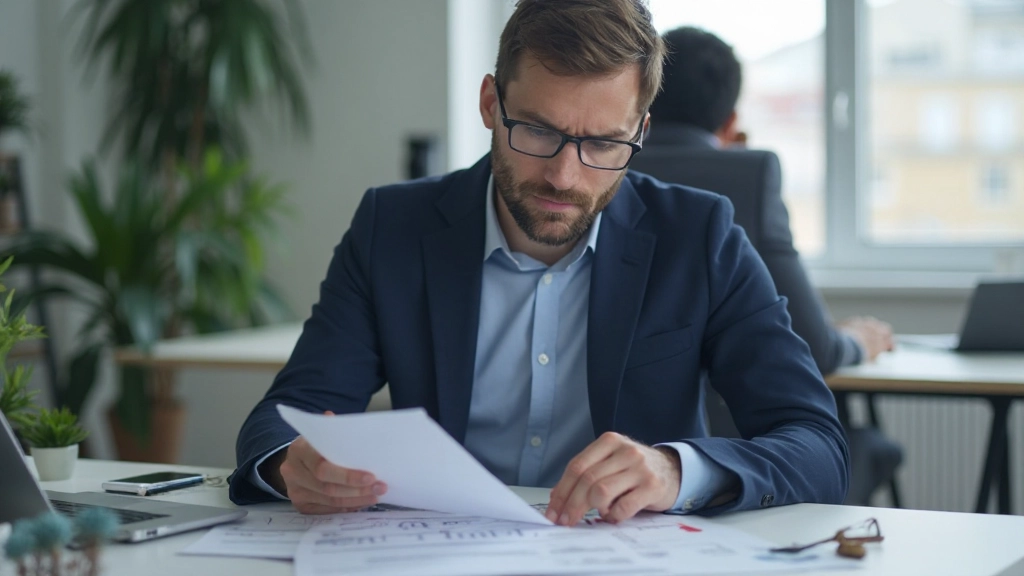 Profesional revisando documentos de análisis de mercado inmobiliario en escritorio moderno