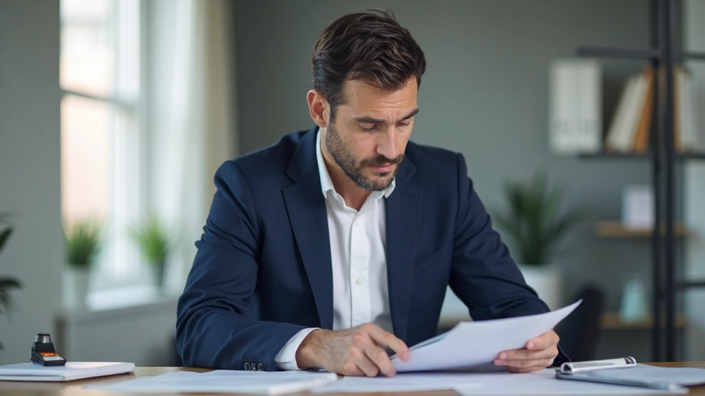 Consultor empresarial revisando documentos de inversión inmobiliaria en escritorio profesional moderno