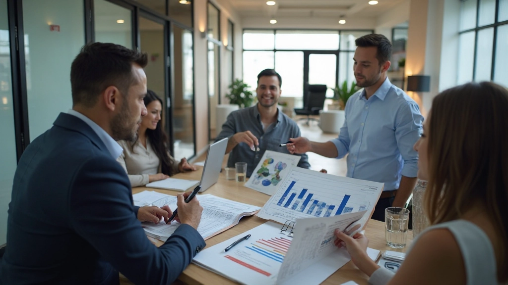 Oficina moderna de consultoría inmobiliaria con análisis de mercado