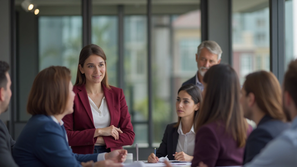 Consultora empresarial presentando estrategia de negocios en sala de conferencias moderna